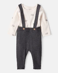Baby Boy 2-Piece Sheep Print Cotton Long-Sleeve Overall Set - White/Grey