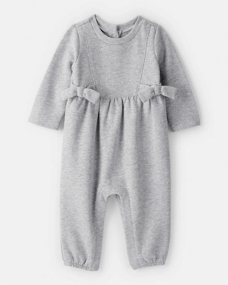 Baby Girl DayDream Fleece Bow Glitter Long-Sleeve Jumpsuit - Grey
