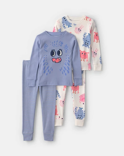 Toddler Girl 4-Piece Monster 100% Cotton Snug Fit Pyjama Set - Blue/Cream