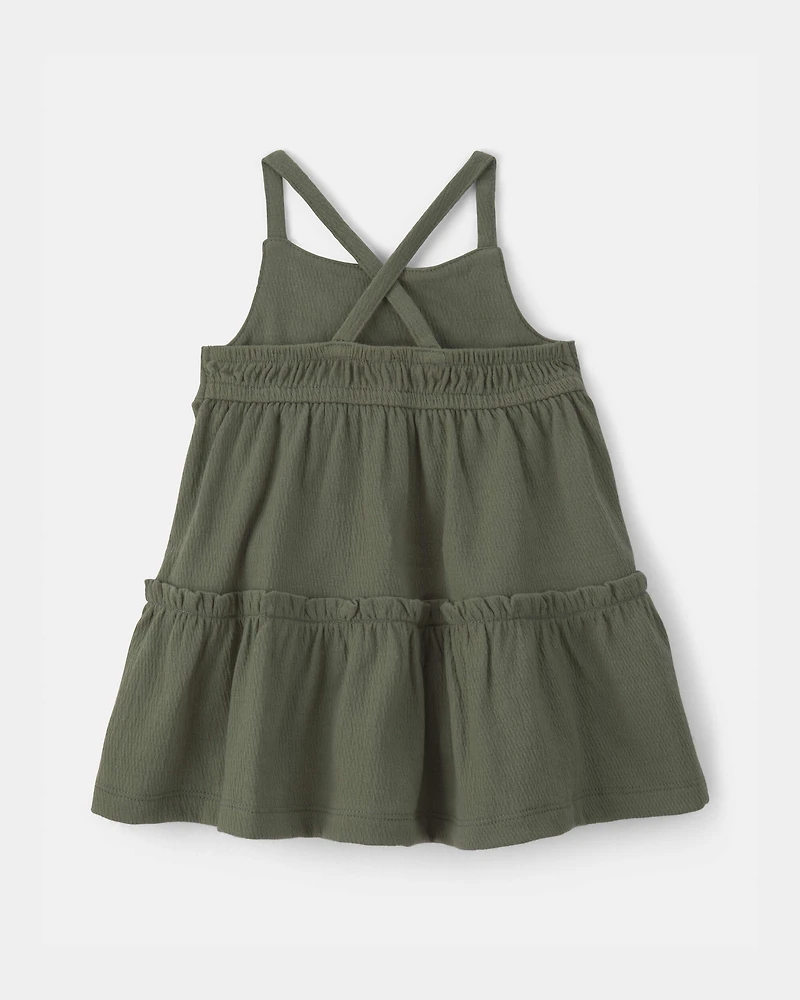 Baby Girl Flower Embroidered Sleeveless Dress - Olive