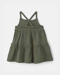 Baby Girl Flower Embroidered Sleeveless Dress - Olive