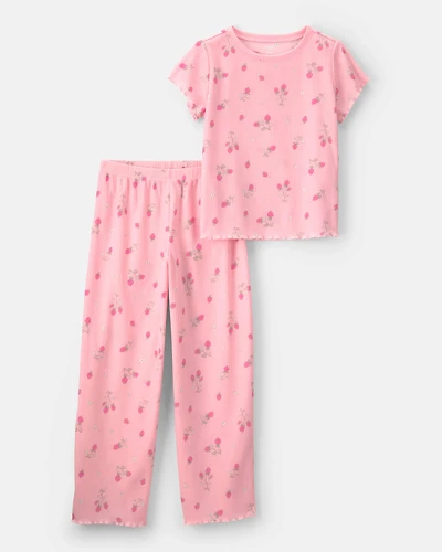 Girls Strawberry Rib Loose Fit 2-Piece Pajama Set - Pink