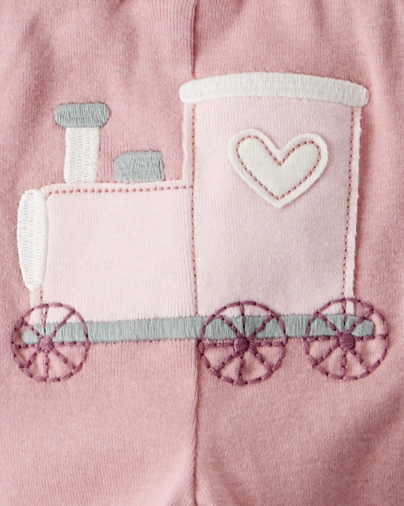 Baby Girl 3-Piece Train Print Long-Sleeve Bodysuit & Pant Set - Pink