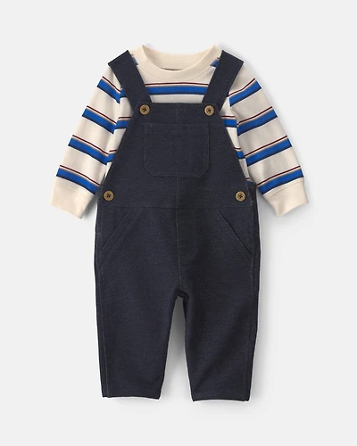 Baby Boy 2-Piece Striped French Terry Long-Sleeve Overall Set - Indigo/Cream
