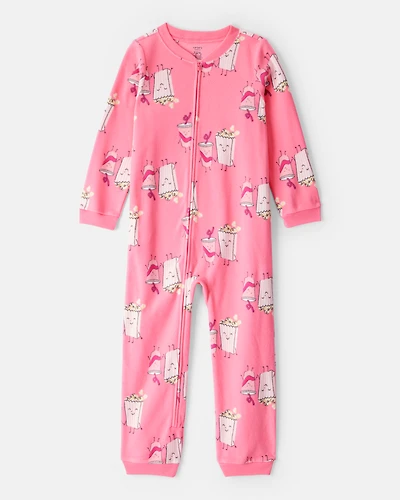 Girls Print Long-Sleeve Loose Fit 1-Piece Pajamas - Pink
