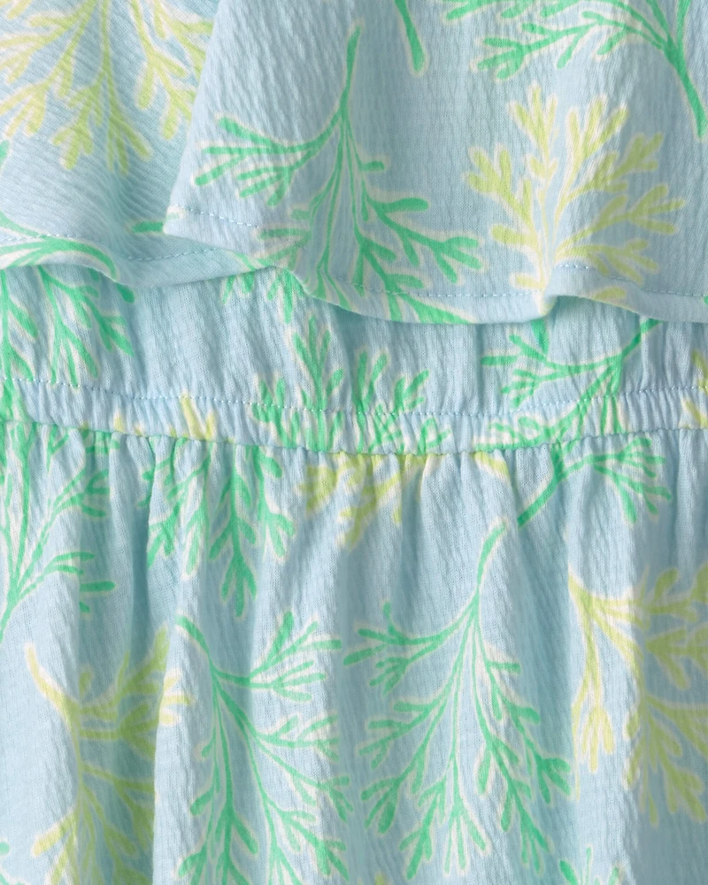 Toddler Girl Palm Leaves Ruffle Dress - Blue