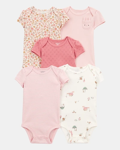 Baby Girl 5-Pack Floral Bunny Short-Sleeve Cotton Bodysuits