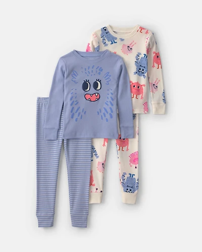 Toddler Girl 4-Piece Monster 100% Cotton Snug Fit Pyjama Set - Blue/Cream