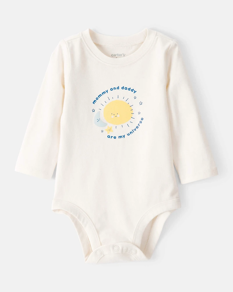 Baby "Mommy & Daddy Are My Universe" Cotton Long-Sleeve Graphic Bodysuit - White