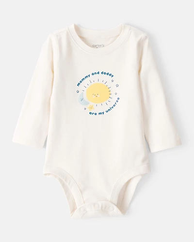 Baby "Mommy & Daddy Are My Universe" Cotton Long-Sleeve Graphic Bodysuit - White