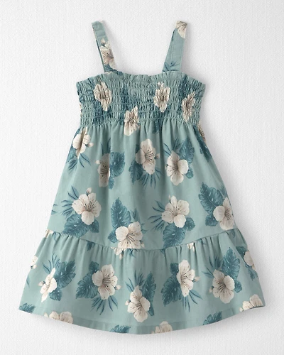 Toddler Girl Smocked Linen Dress Made with Organic Cotton Blue Hibiscus