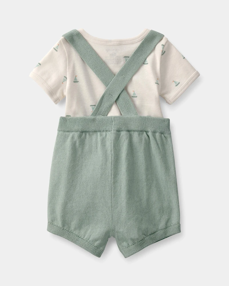 Baby 2-Piece Sailboat Overall Set - Green/Ivory