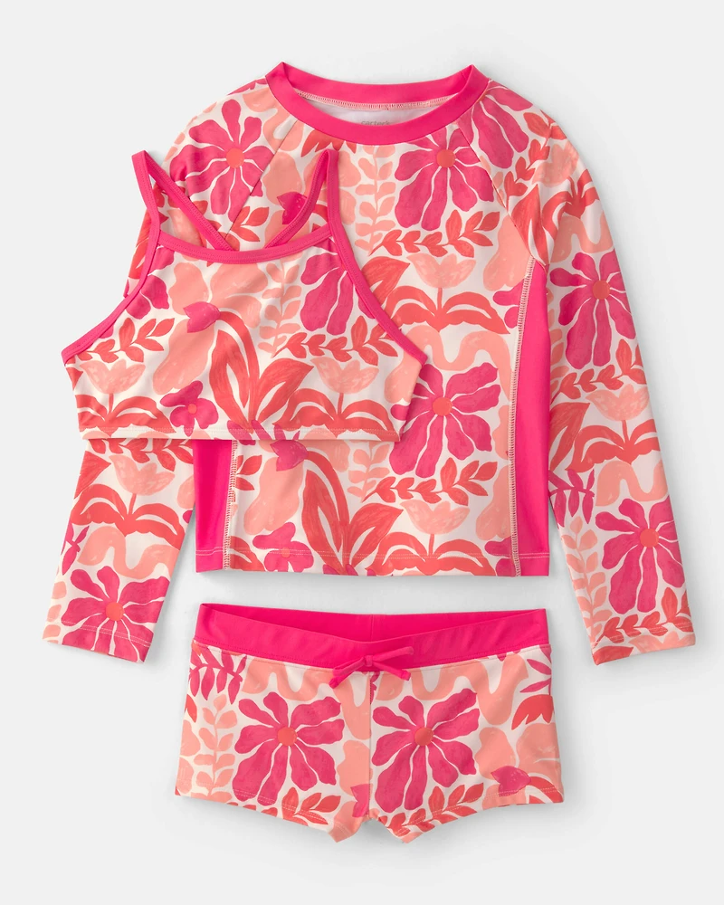 Girls 3-Piece Floral Long-Sleeve Rashguard Swimsuit Set - Pink/Orange