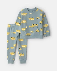 Toddler Boy 2-Piece School Bus French Terry Hoodie & Pant Set - Grey/Yellow