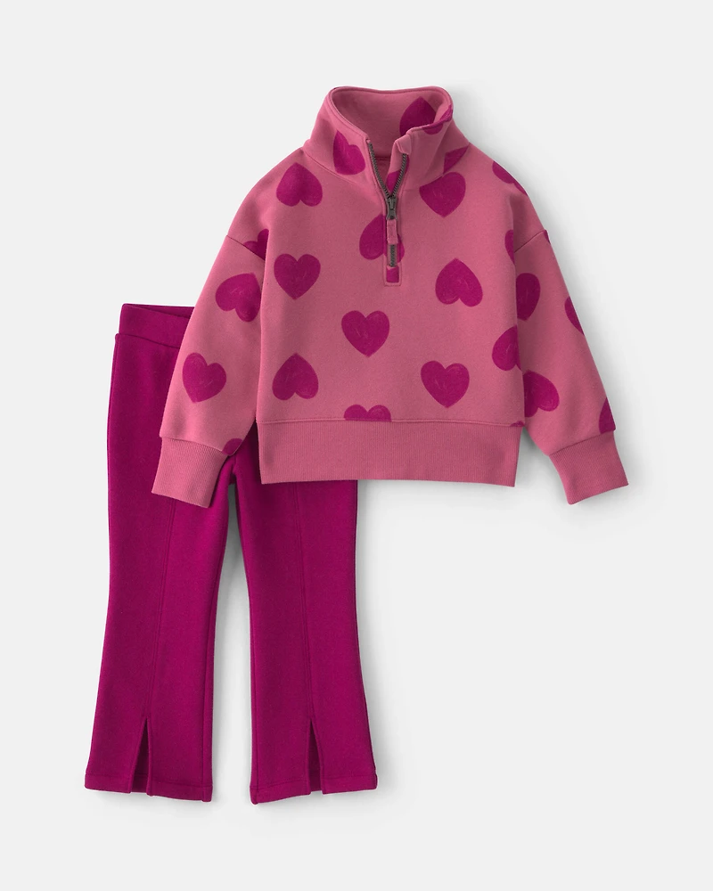 Toddler Girl 2-Piece Heart Fleece Quarter-Zip & Pant Set – Pink
