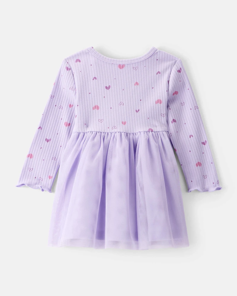 Baby Girl Heart Print Long-Sleeve Dress - Purple