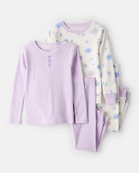 Baby Girl Space Star Print 100% Cotton Long-Sleeve Snug Fit 4-Piece Pyjamas - White/Purple