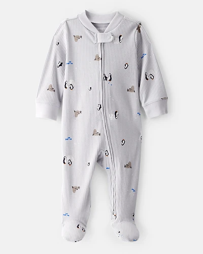 Baby Penguin Print Cotton Long-Sleeve Sleeper - White