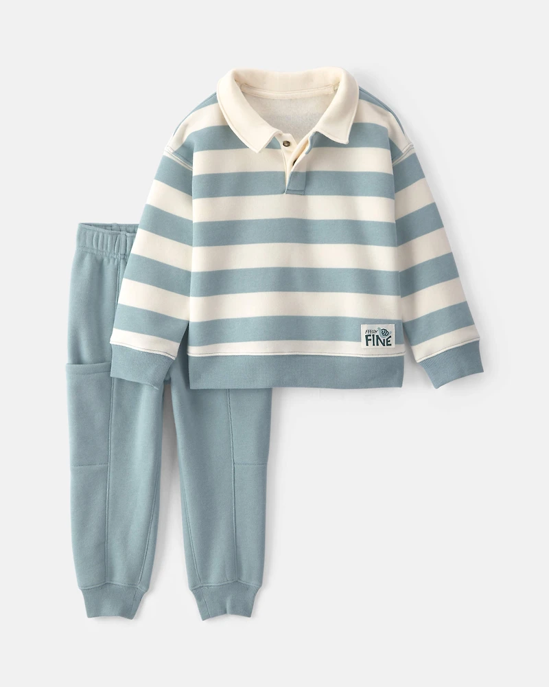 Baby Boy 2-Piece Striped Fleece Henley Top & Pant Set - Blue/White