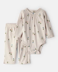 Baby Girl 2-Piece Floral Bodysuit & Pant Set - Brown