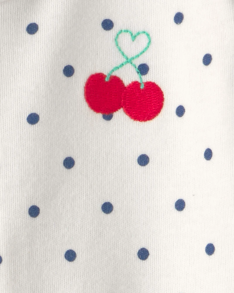 Baby Girl Cherry 2-Way Zip 100% Cotton Sleeper - White