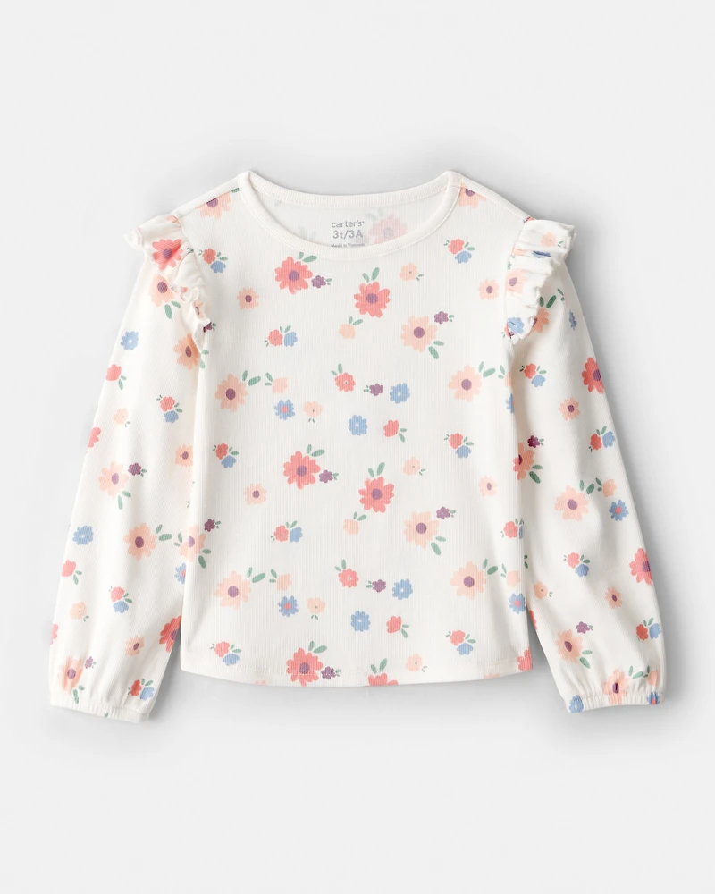 Toddler Girl Floral Cotton Ruffle Long-Sleeve Top - White