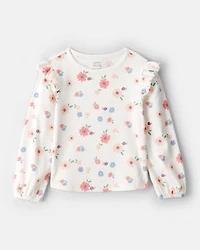Toddler Girl Floral Cotton Ruffle Long-Sleeve Top - White