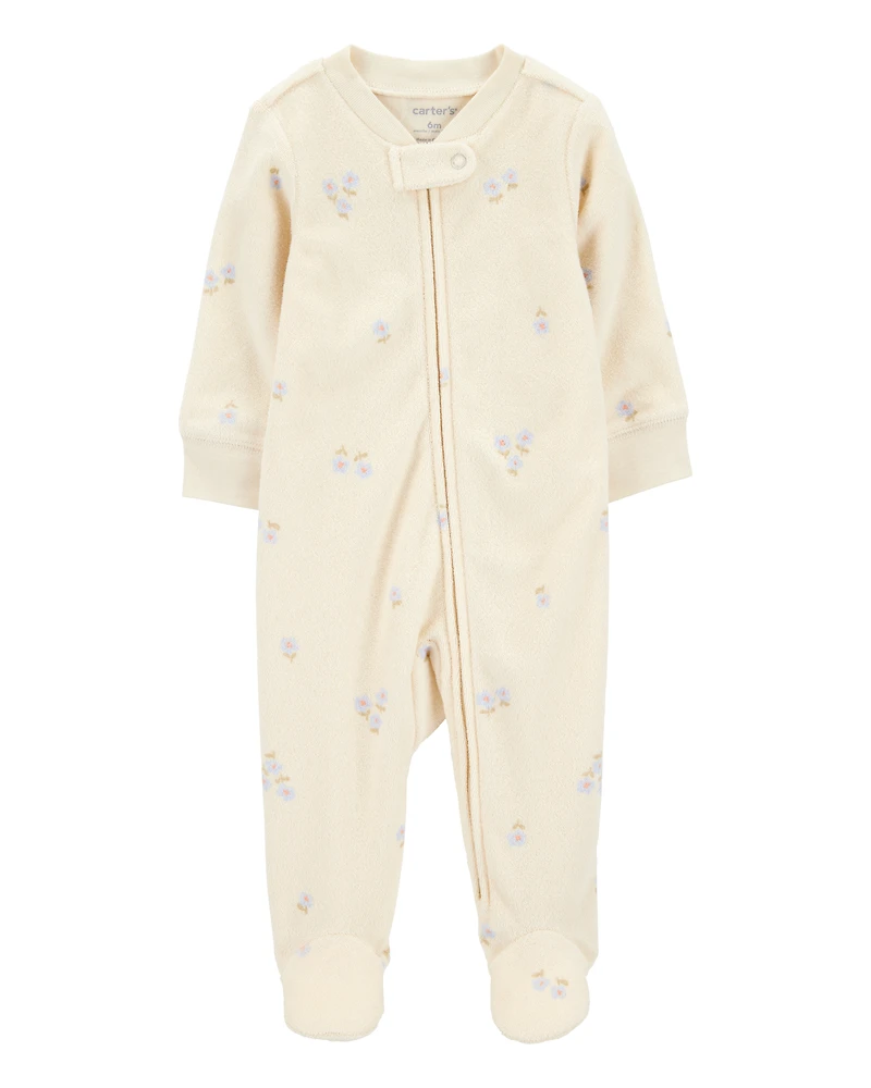 Baby Floral Print 2-Way Zip Terry Sleeper Pyjamas - Ivory