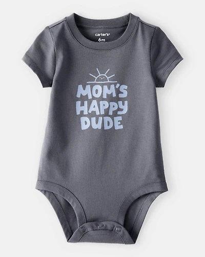 Baby Boy 'Mom's Happy Dude" Short-Sleeve Graphic Bodysuit - Grey