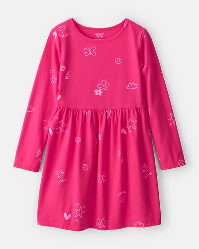 Girls Doodle Print Long-Sleeve Dress - Pink