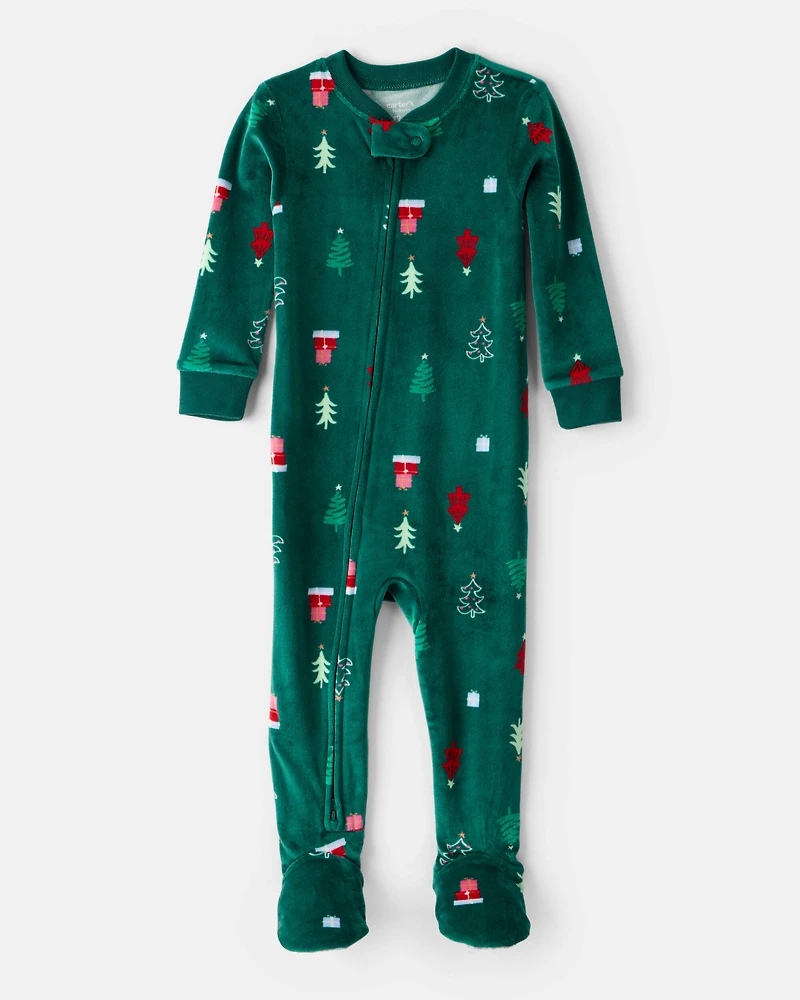 Baby Christmas Tree Print Velour Long-Sleeve Loose Fit 1-Piece pyjamas - Green