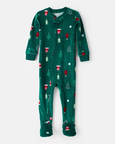 Baby Christmas Tree Print Velour Long-Sleeve Loose Fit 1-Piece pyjamas - Green