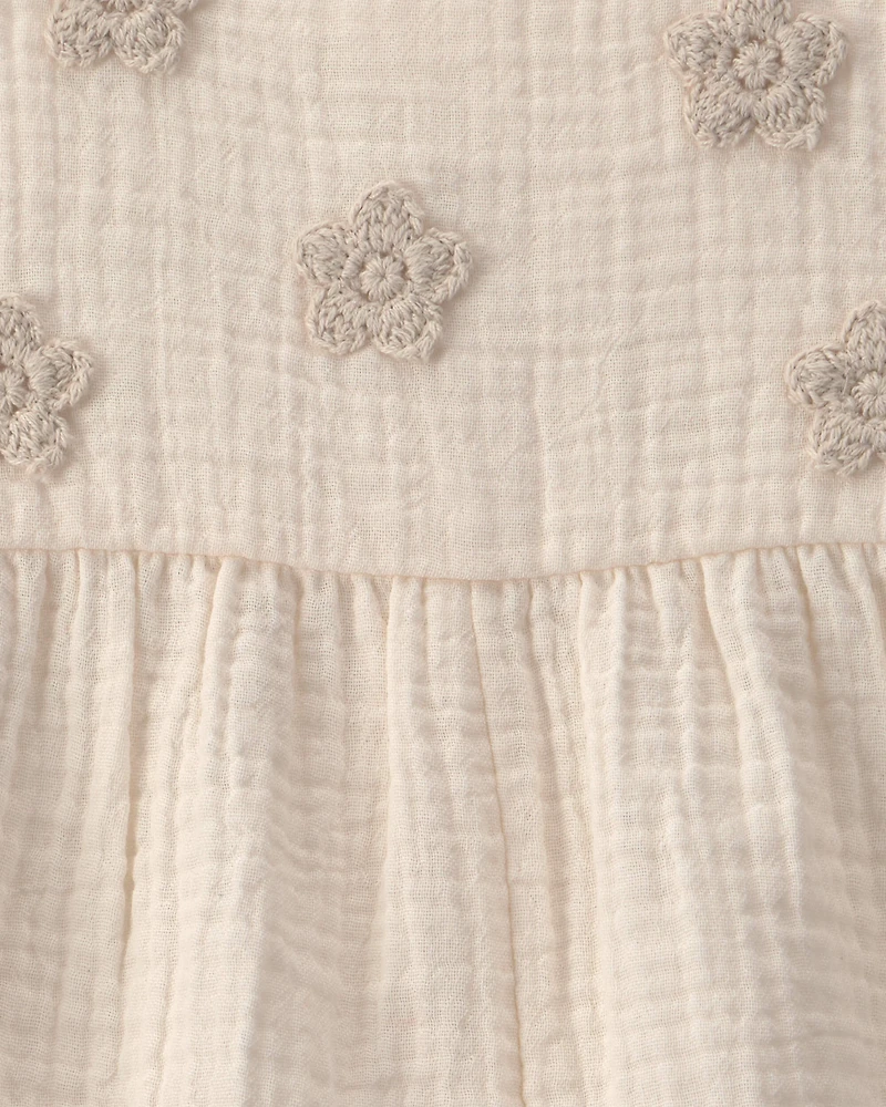 Baby Girl Floral Applique Sleeveless Romper - Ivory