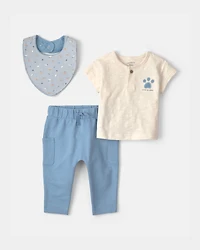 Baby Boy 3-Piece Paw Print Top & Pant Set - Blue