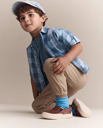 Toddler Boy Button-Down Short-Sleeve Shirt Plaid - Blue