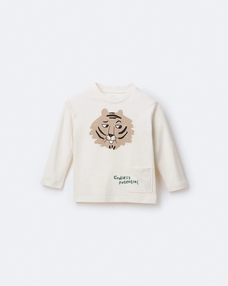 Toddler Endless Potential Tiger Long-Sleeve Pocket Graphic Tee - Cream