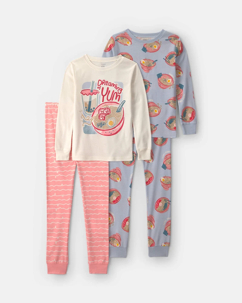 Girls 4-Piece Ramen 100% Cotton Snug Fit Pyjama Set - Blue/Pink