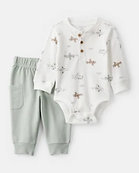 Baby Boy 2-Piece Airplane Thermal Bodysuit & Jogger Set - Green/White
