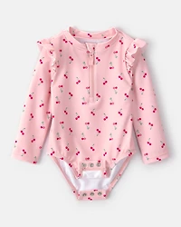 Baby Girl Cherry Long-Sleeve 1-Piece Rashguard Swimsuit - Pink