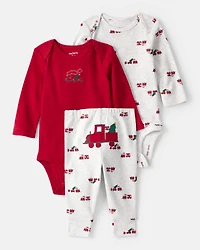 Baby Boy 3-Piece Train Print Long-Sleeve Bodysuits & Pant Set - Red