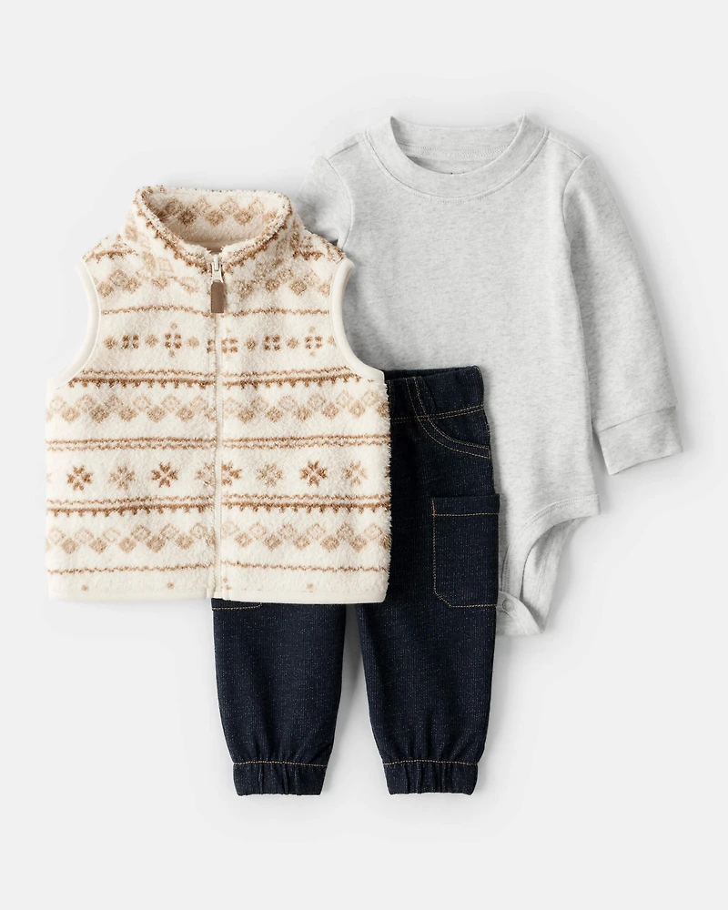 Baby Boy 3-Piece Fair Isle Sherpa Vest Outfit Set - Khaki