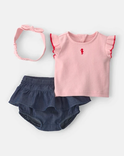 Baby Girl 3-Piece Headband, Top & Chambray Short Set - Pink