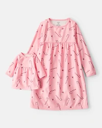 Girls 2-Piece Pink Peppermints Long-Sleeve Loose Fit Night Gown & Matching Doll