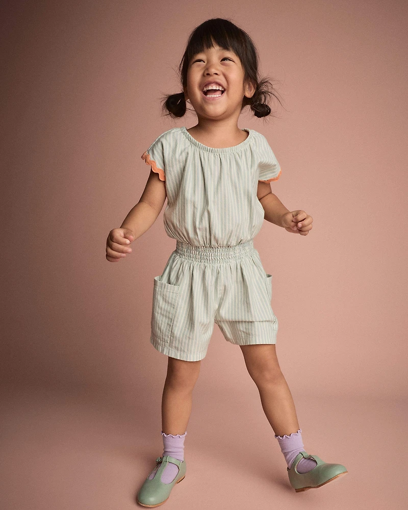 Toddler Girl Swing Romper with Pockets Stripes- Light Blue