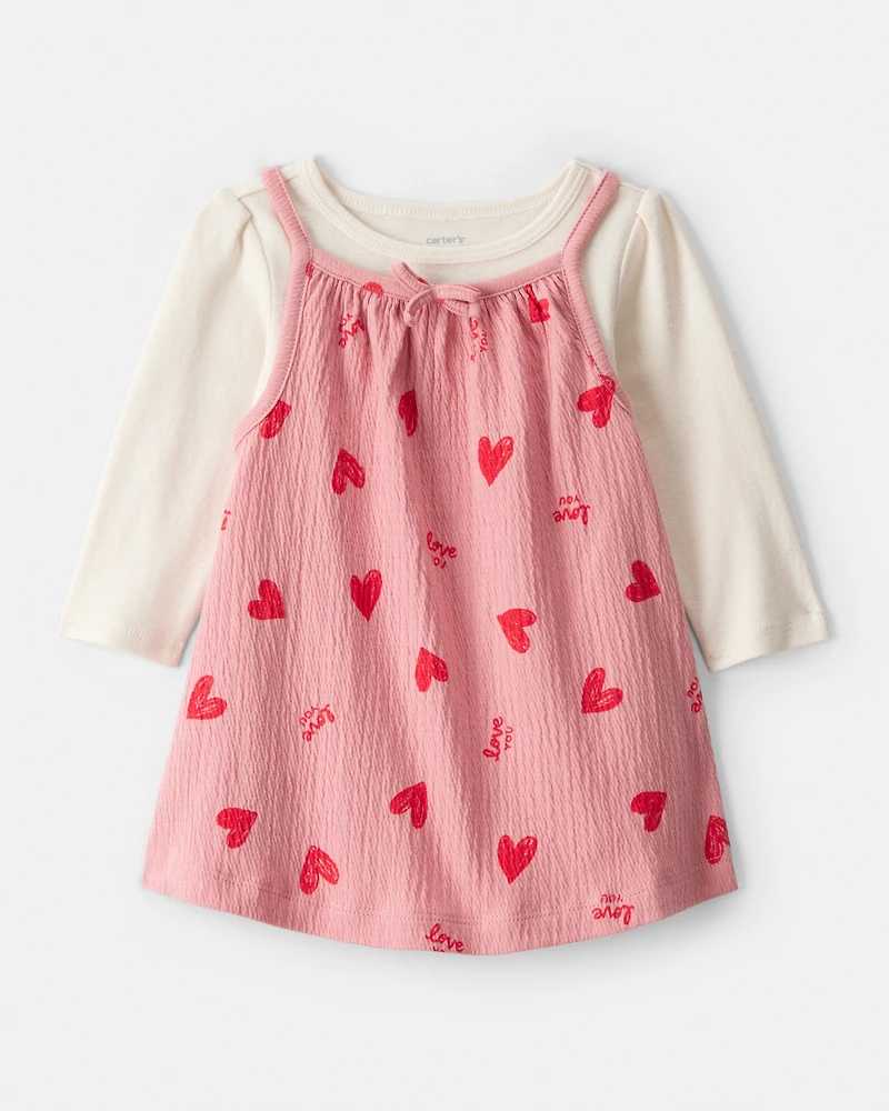 Baby Girl Valentine's Day 2-Piece Heart Long-Sleeve Dress Set - Pink/Red