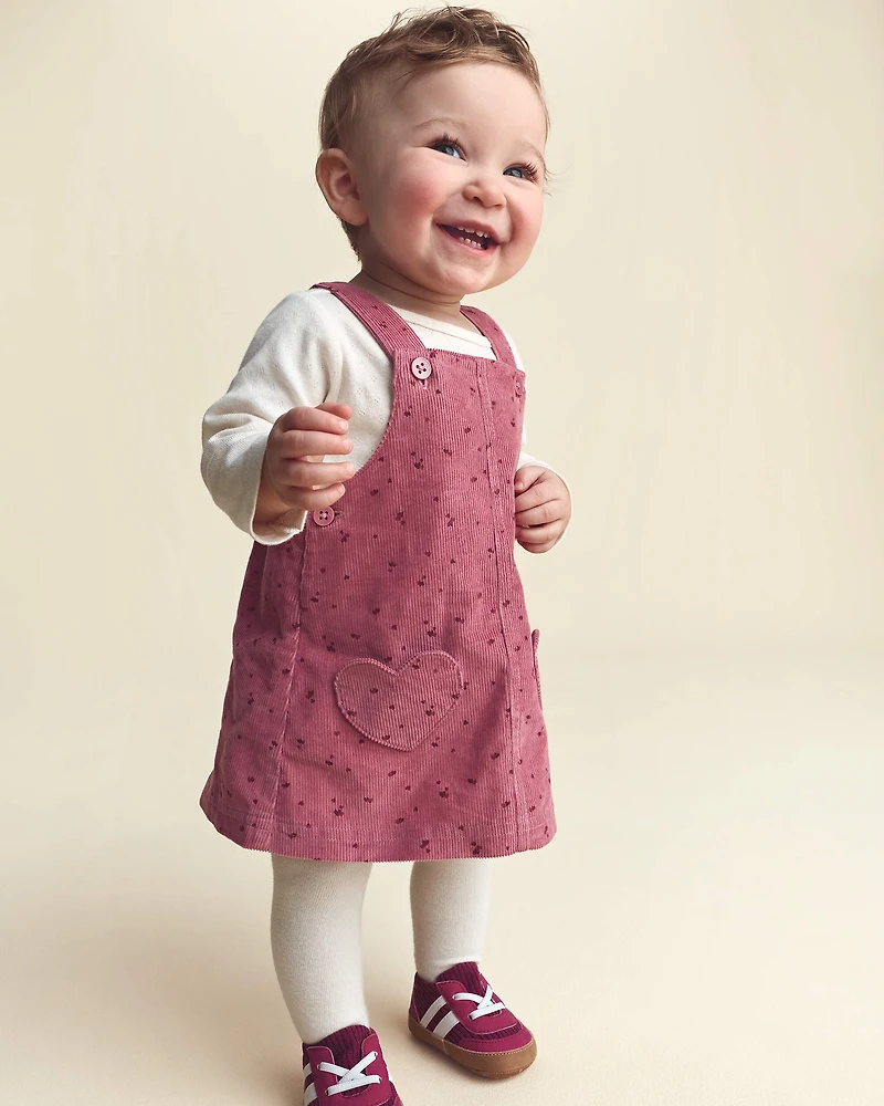 Baby Girl 3-Piece Heart Corduroy Long-Sleeve Dress Set - Pink/Cream