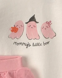 Baby Girl 2-Piece 'Mommy's Little Boo' Halloween Long-Sleeve Bodysuit & Pant Set - Cream/Pink