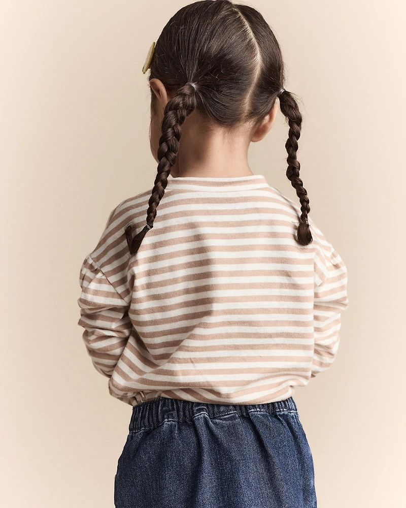 Toddler Girl Striped Long-Sleeve Relaxed Tee - Cream/Tan