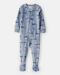Toddler Boy Train DreamPlush Long-Sleeve Snug Fit 1-Piece Pajamas - Blue/Grey