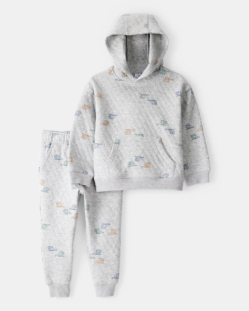 Toddler Boy 2-Piece Helicopter Quilted Hoodie & Pant Set - Grey